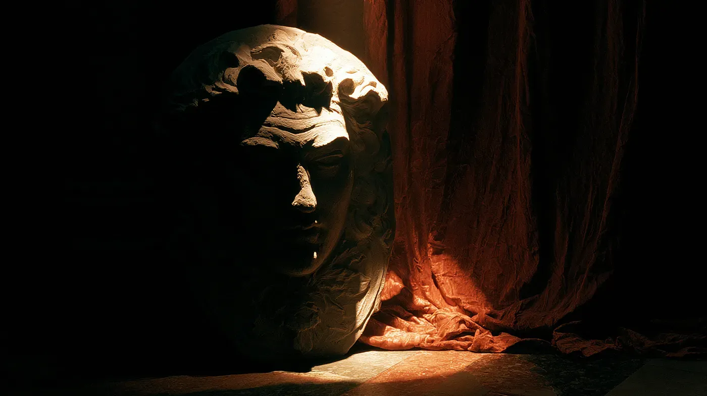 A classical theatrical mask lit beside a heavy red stage curtain