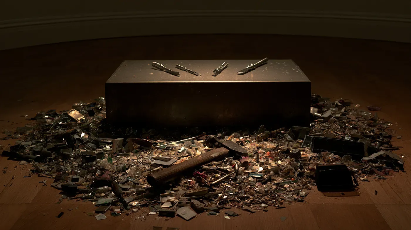 A plinth holding four clean tools, ringed by a scatter of smashed and discarded gadgets